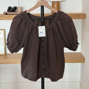 NWT Nobody's Child Brown Gingham Puff Sleeve Top - Black/Brown - 2